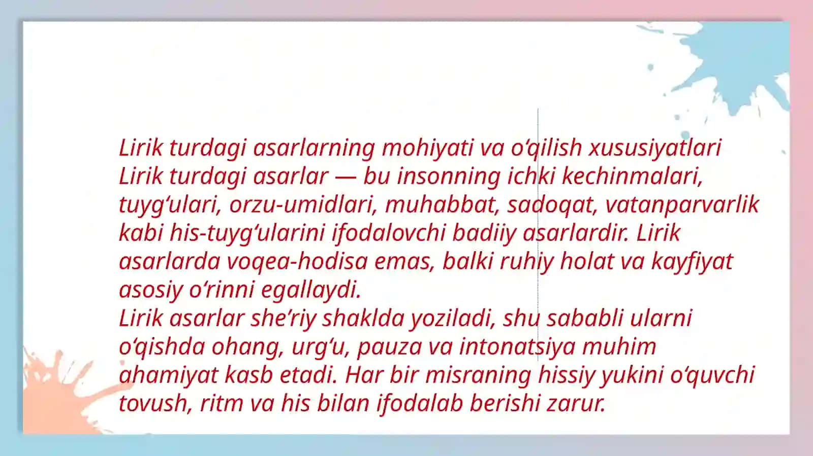 Lirik turdagi asarlarni ifodali oʻqish va barmoq vazni 4