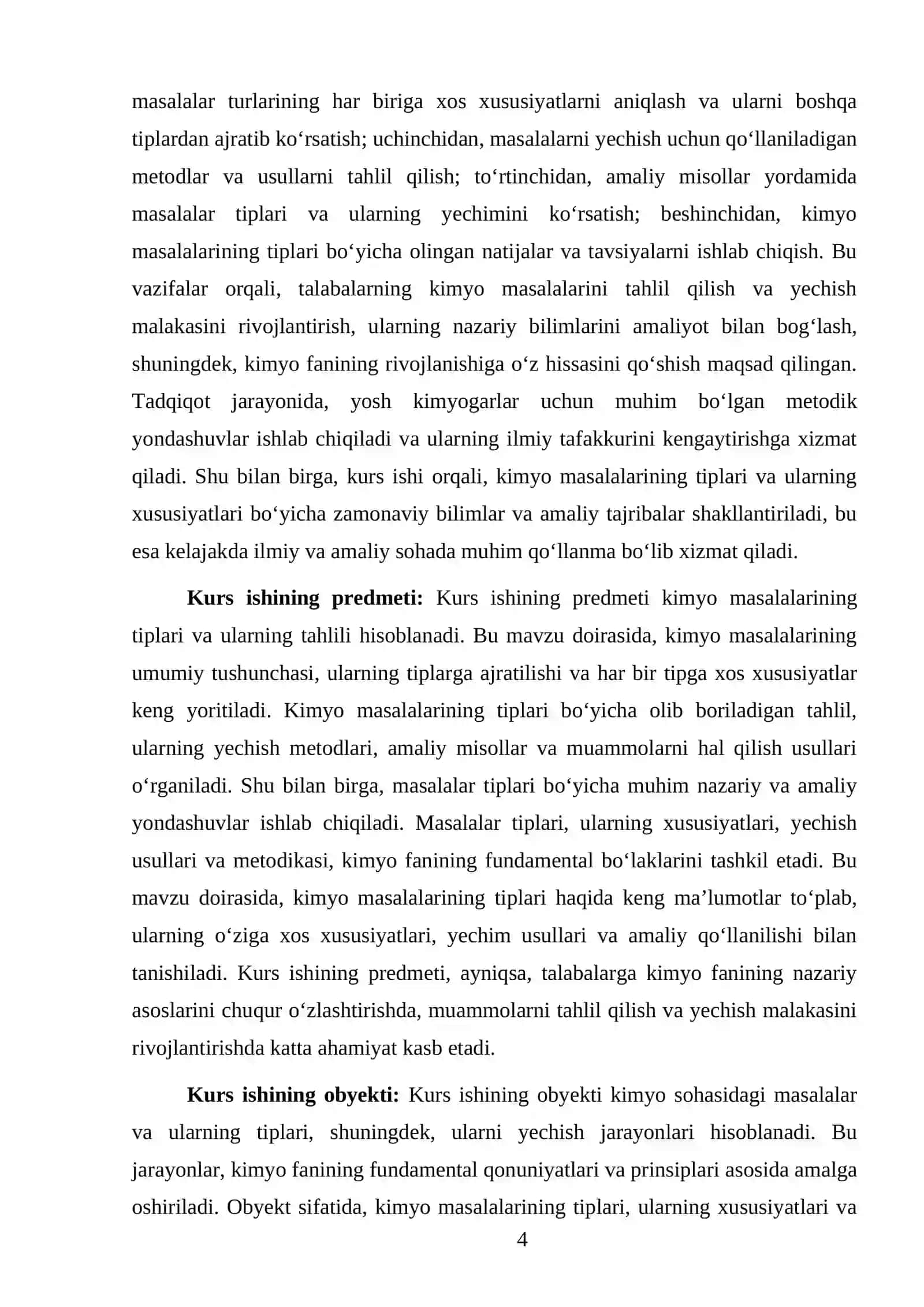KIMYODAN MASALALAR VA ULARNING TIPLARI KURS ISHI 4