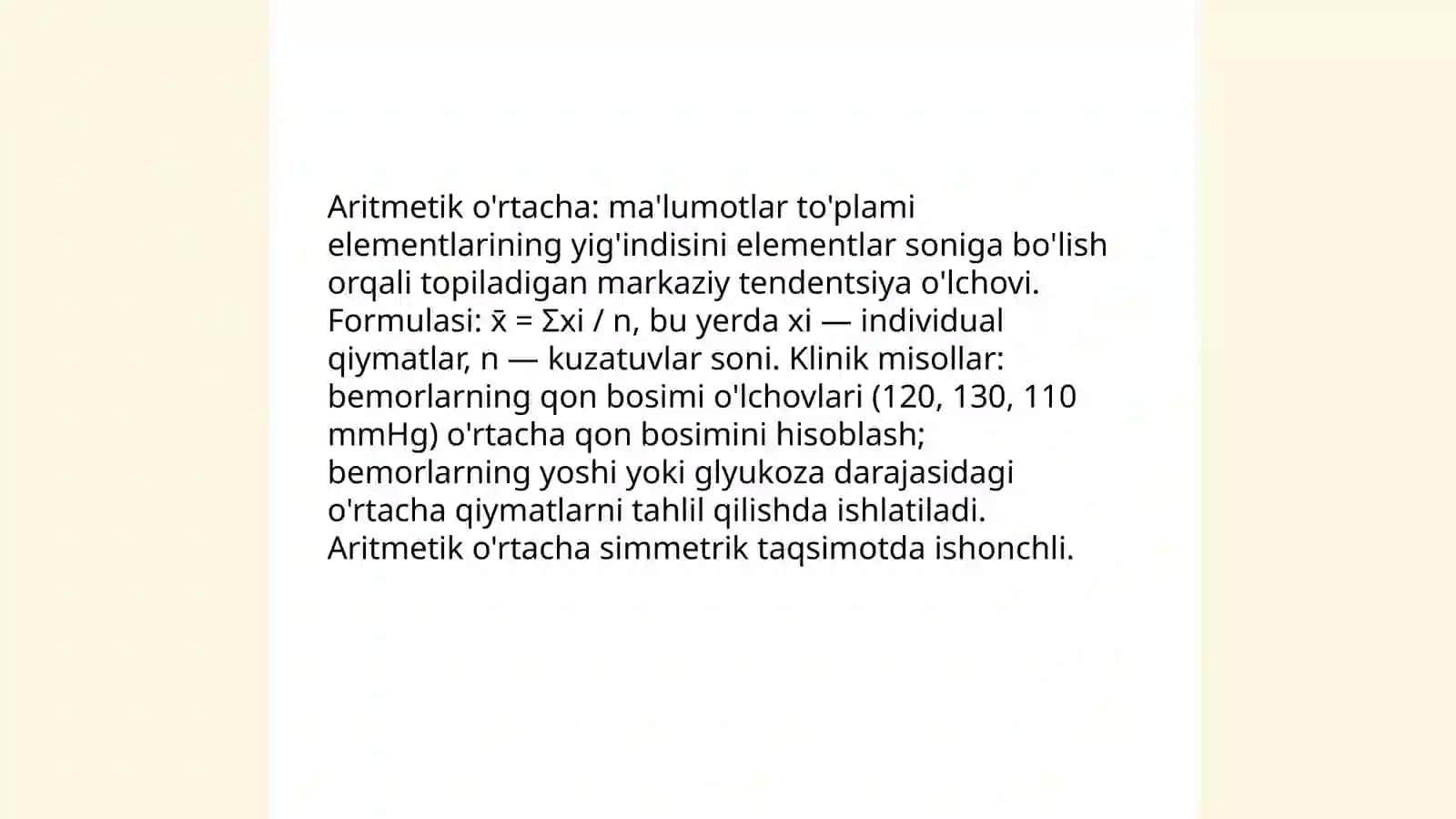 O'rtacha qiymatlar, turlari, hisoblash usullari, tibbiyotda qo'llanilishi 4