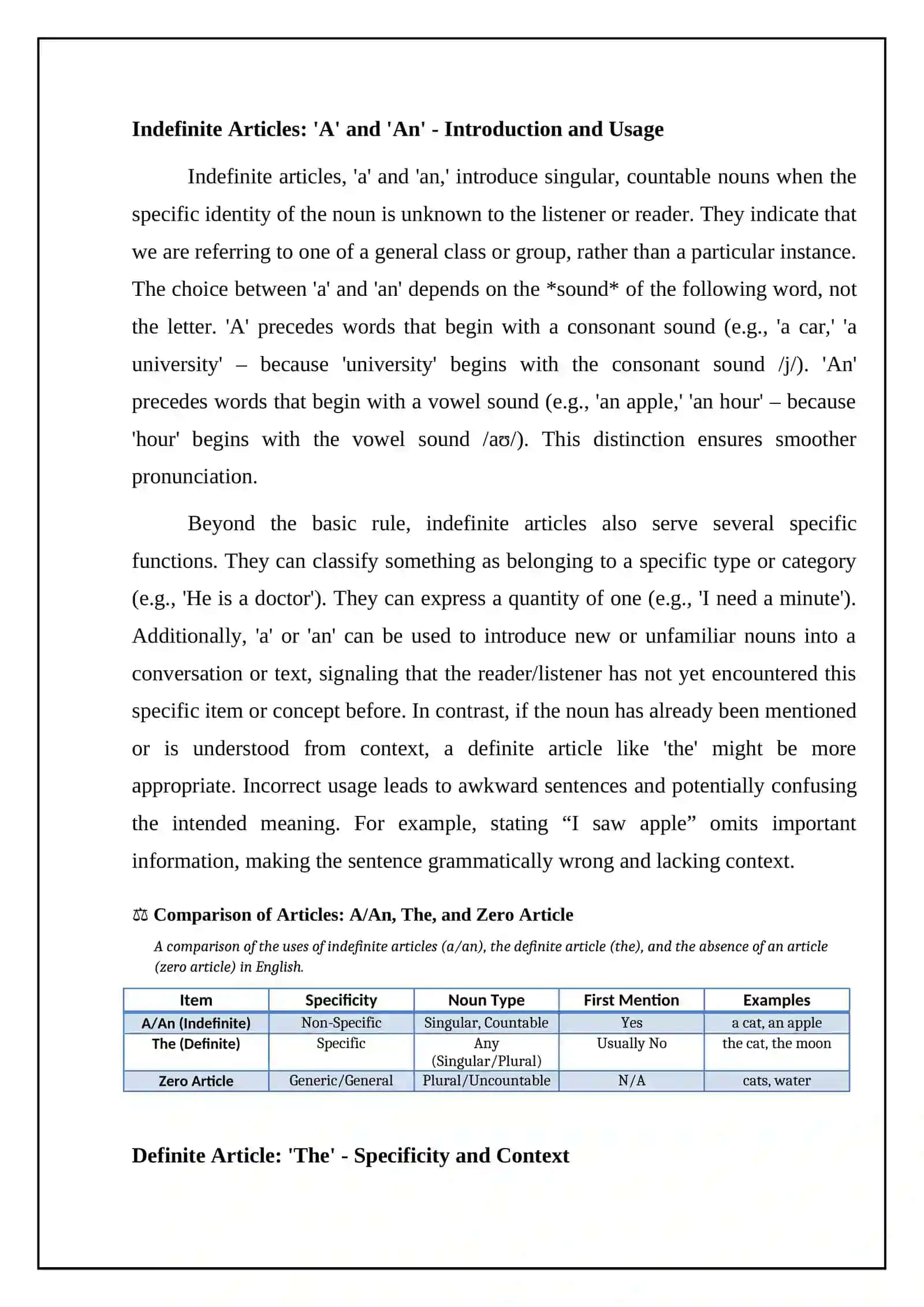 Articles a/an, the and zero Article 4