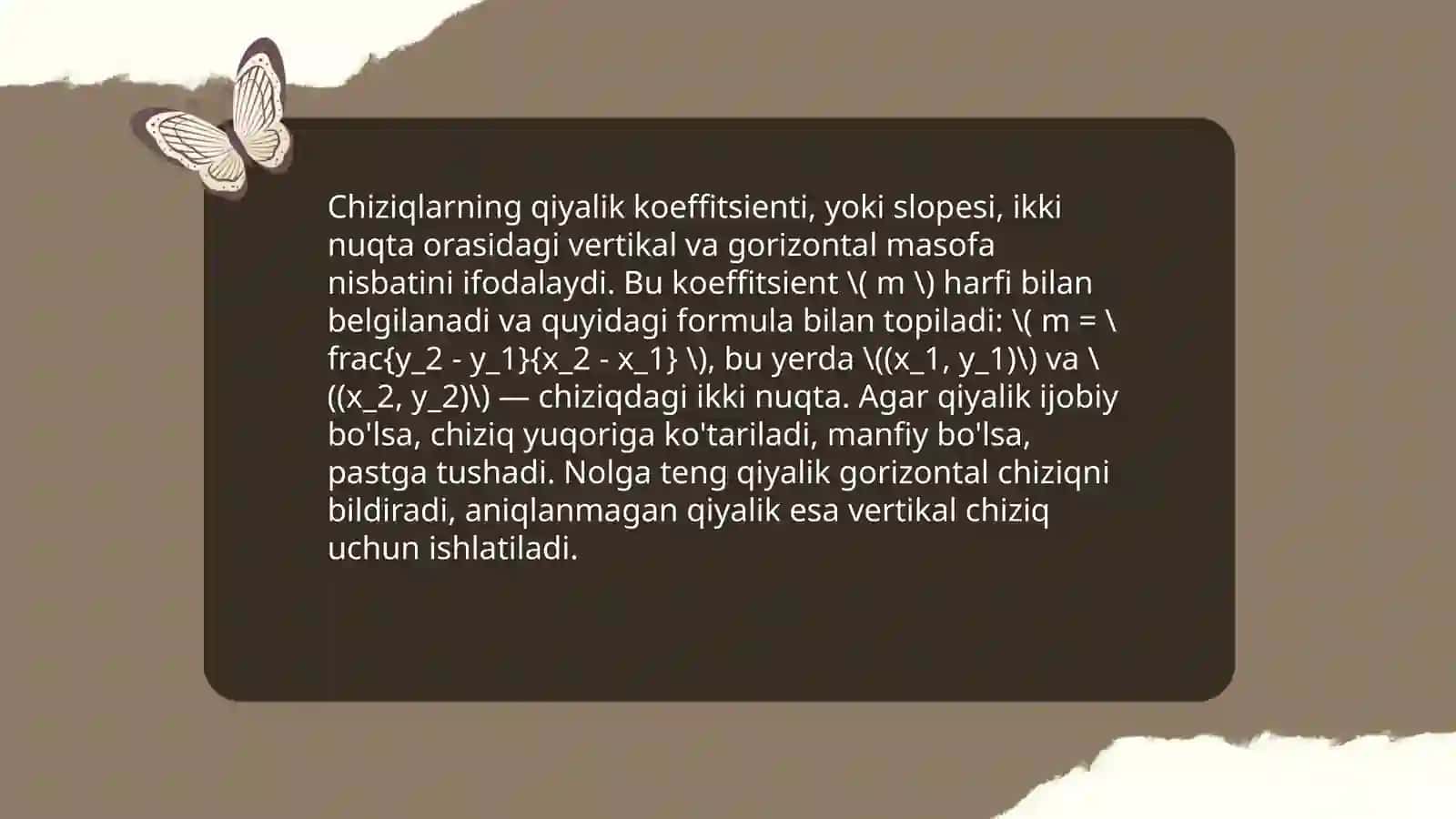 Toʻgʻri chiziqlarning koeffitsienti.orasidagi burchak.Toʻgʻri burchak chiziqlar 4