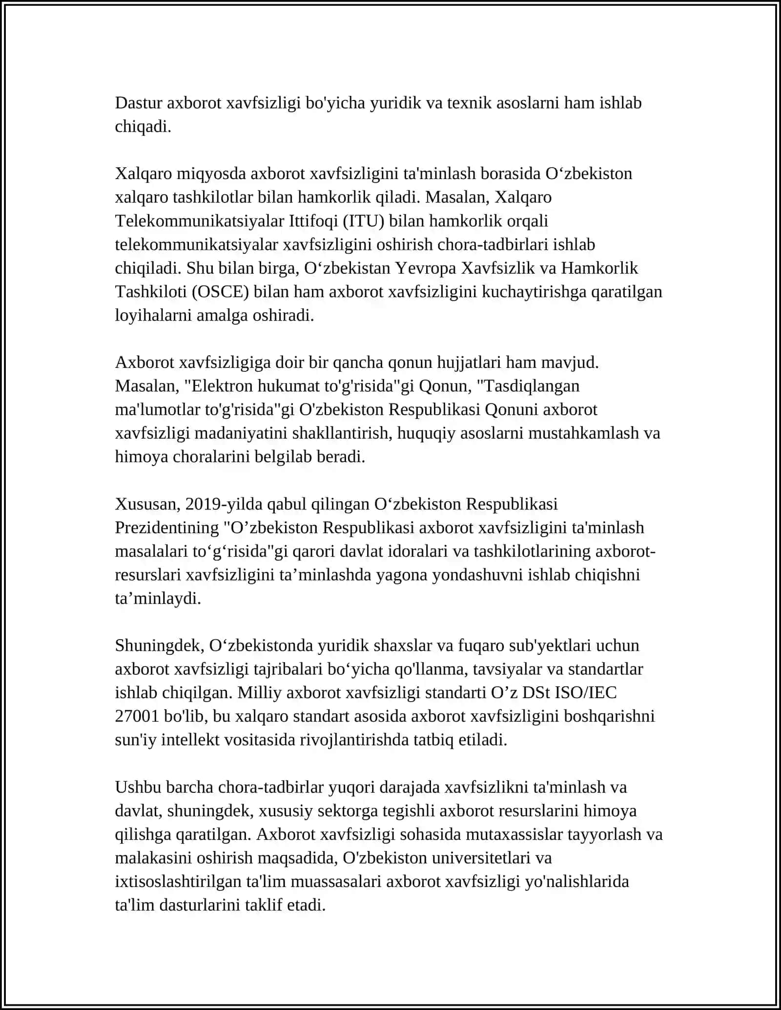 MUSTAQIL ISH Mavzu: AXBOROT XAVFSIZLIGINI TAʼMINLOVCHI ORGANLAR 4