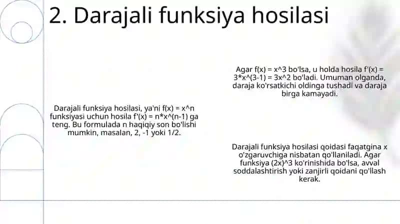 Asosiy elementar funksiyalarning hosilalari formulasini keltirib chiqarish 4