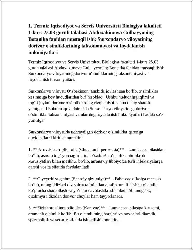 TERMIZ IQTISODIYOT VA SERVIS UNVERSETITI BIOLOGIYA FAKULTETI 1 KURS 25.03 GURUH TALABASI ABDUXAKIMOVA GULHAYYONING BOTANIKA FANIDAN MUSTAQIL ISHI 4