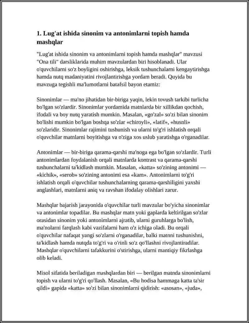 SINF ONA TILI DARSLIGI (4-QISM) TARKIBIDAGI LUG'AT ISHI, SO'Z TURKUMLARI, SINTAKSIS VA PUNKTUATSIYA ELEMENTLARI, SO'Z TARKIBI VA IMLO GOIDALARINI O'RGANISH BO'YICHA MASHQ VA TOPSHIRIQLARNI BAJARISH 4