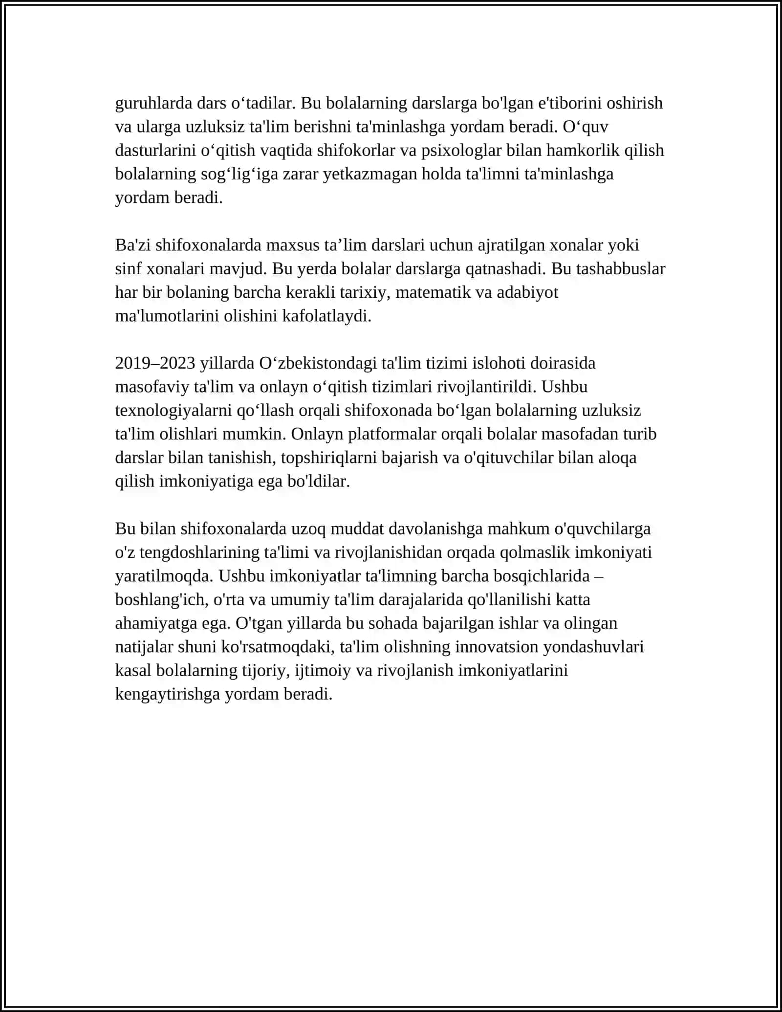 SHIFIXONALARDA UZOQ DAVOLANUVCHI MAKTAB O'QUVCHILARNI TA'LIMI YANGI TA'LIMIY AMALIYOT SIFATIDA 4