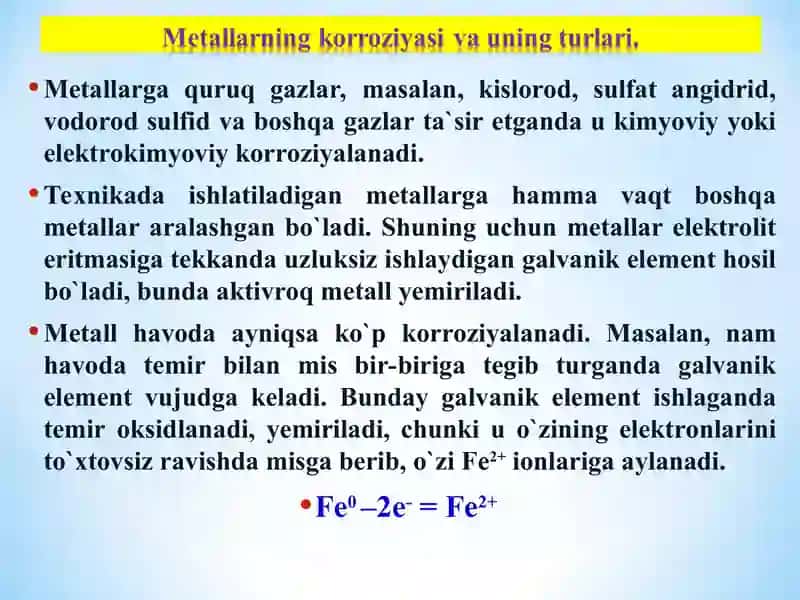 "Elektrokimyoviy korroziya va korroziyadan himoyalash usullari." 4
