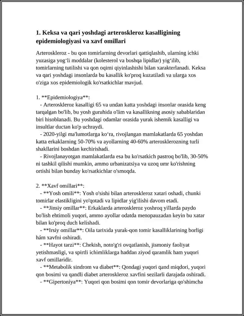 KEKSA VA QARI YOSHDAGI BEMORLARDA ARTEROSKLEROZ KASALLIGINING O‘ZIGA XOS KECHISHI VA GERIATRIK BEMOR LARNI PARVARISHLASHDA HAMSHIRALIK JARAYONI 4