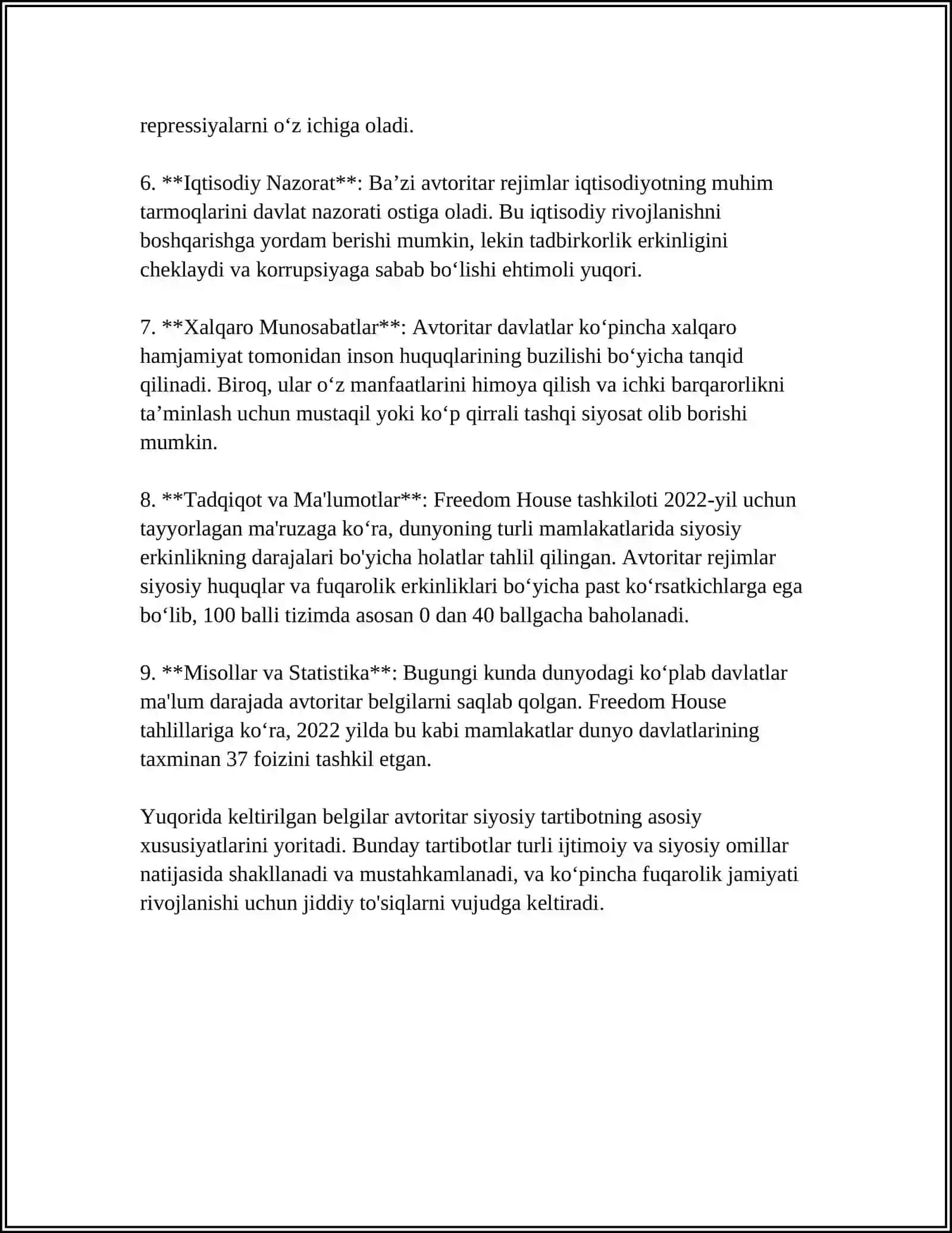 Avtoritar siyosiy tartibotning asosiy belgilari 4