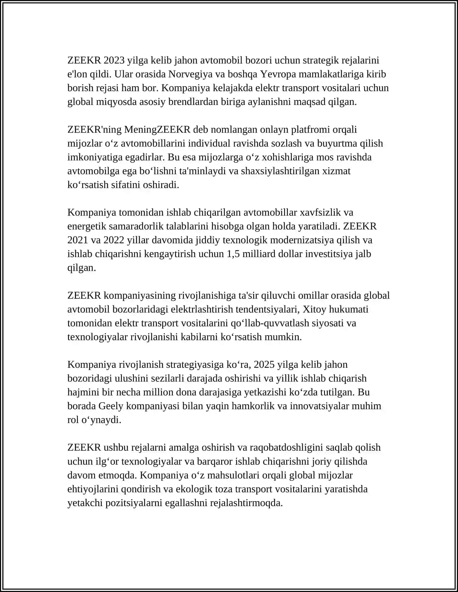 ZEEKR KOMPANIYASI HAQIDA MA'LUMOT 4