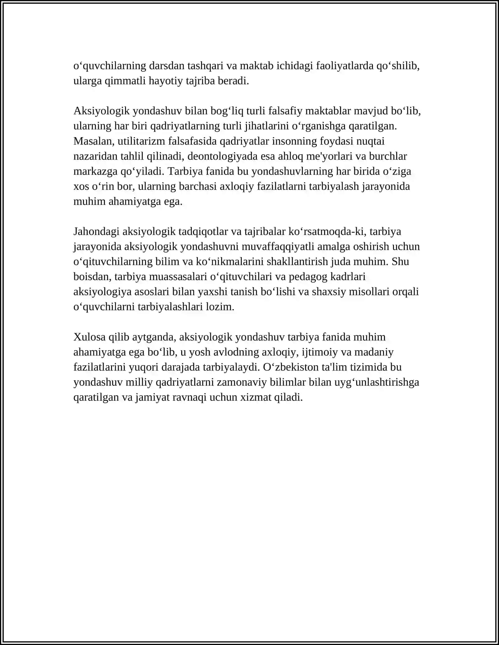 "TARBIYA "FANINI OʻQITISH JARAYONIGA AKSIOLOGIK, TEXNOLOGIK YONDASHUVLAR VA ULARGA TAVSIF 4