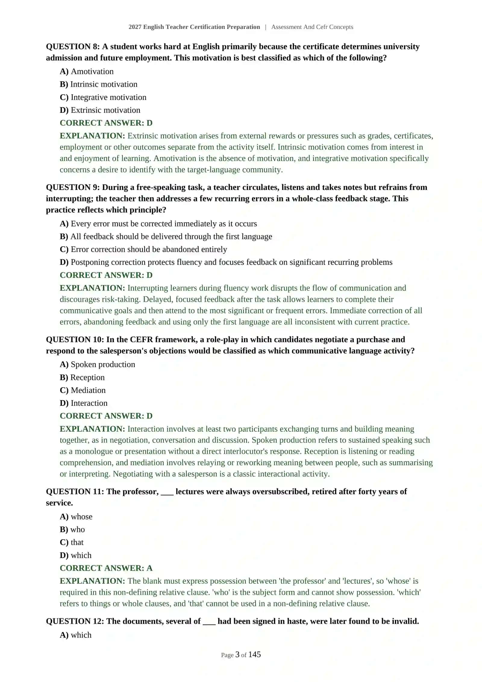 ENGLISH TEACHER CERTIFICATION - ASSESSMENT AND CEFR CONCEPTS - 2027 CERTIFICATION PREPARATION (600 QUESTIONS) 4