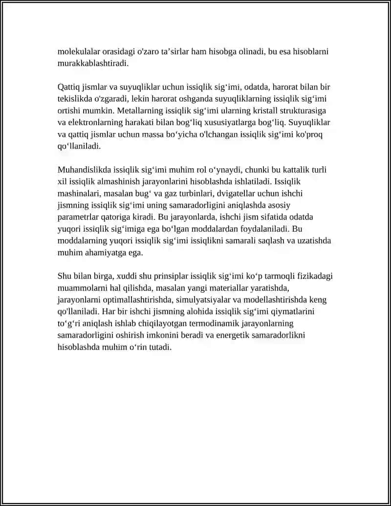 ISHCHI JISMNING ISSIQLIK SIGʻIMI, TERMODINAMIK SIKLARI 4