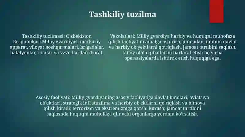 OʻZbekiston Respublikasi Milliy Gvardiyasini Vakolatlari Va Faoliyatining Asosiy YoʻNalishlari 4