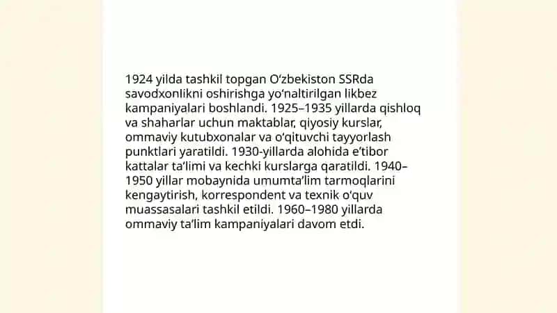 1924-1991 yillarda Oʻzbekiston taʼlim tizimi va pedagogik fikrlar rivoji Ergashaliyeva Durdona 4