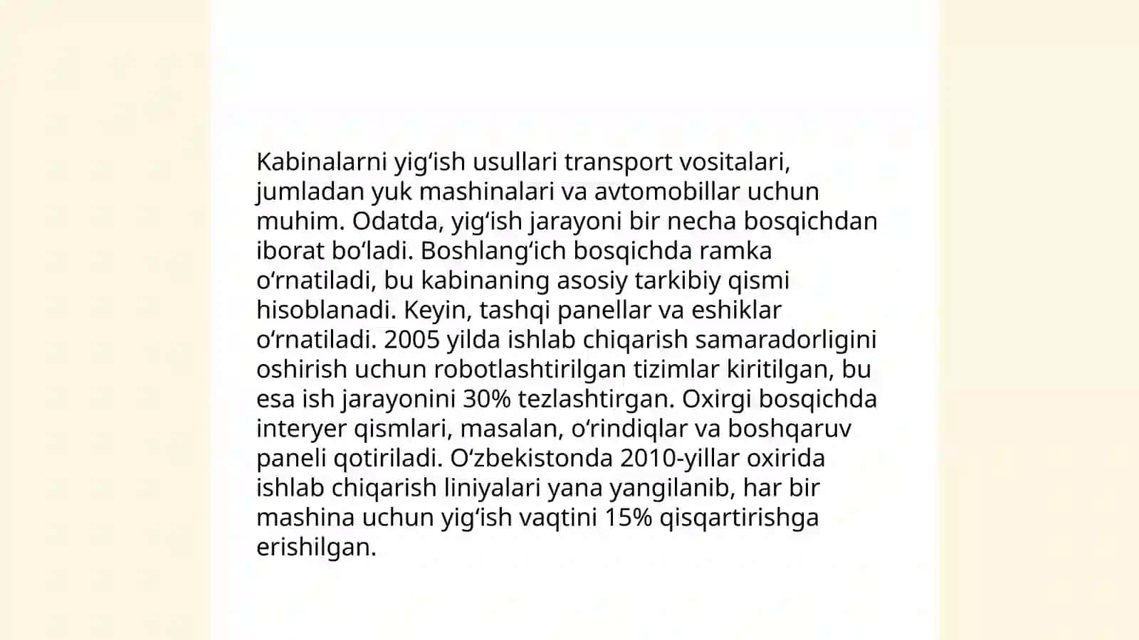 Avtomobil texnikalarini kuzov va kabinasini yig‘ish o‘rnatish ustaxonasi ishini tashkil etish 4