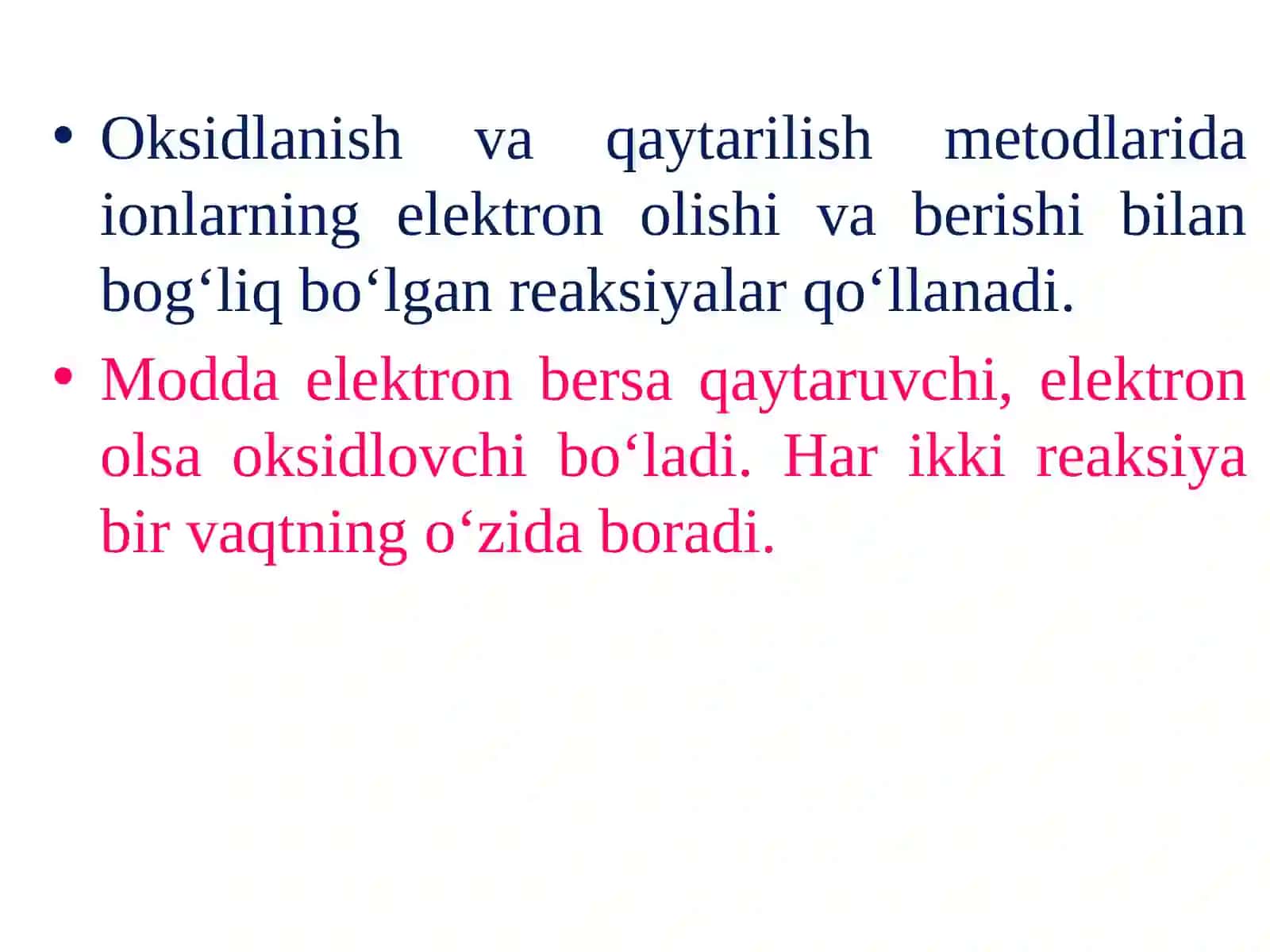 OKSIDLANISH-QAYTARILISH, CHO’KTIRISH  VA KOMPLEKS HOSIL QILISH REAKSIYALARI ASOSIDA TITRLASH 4