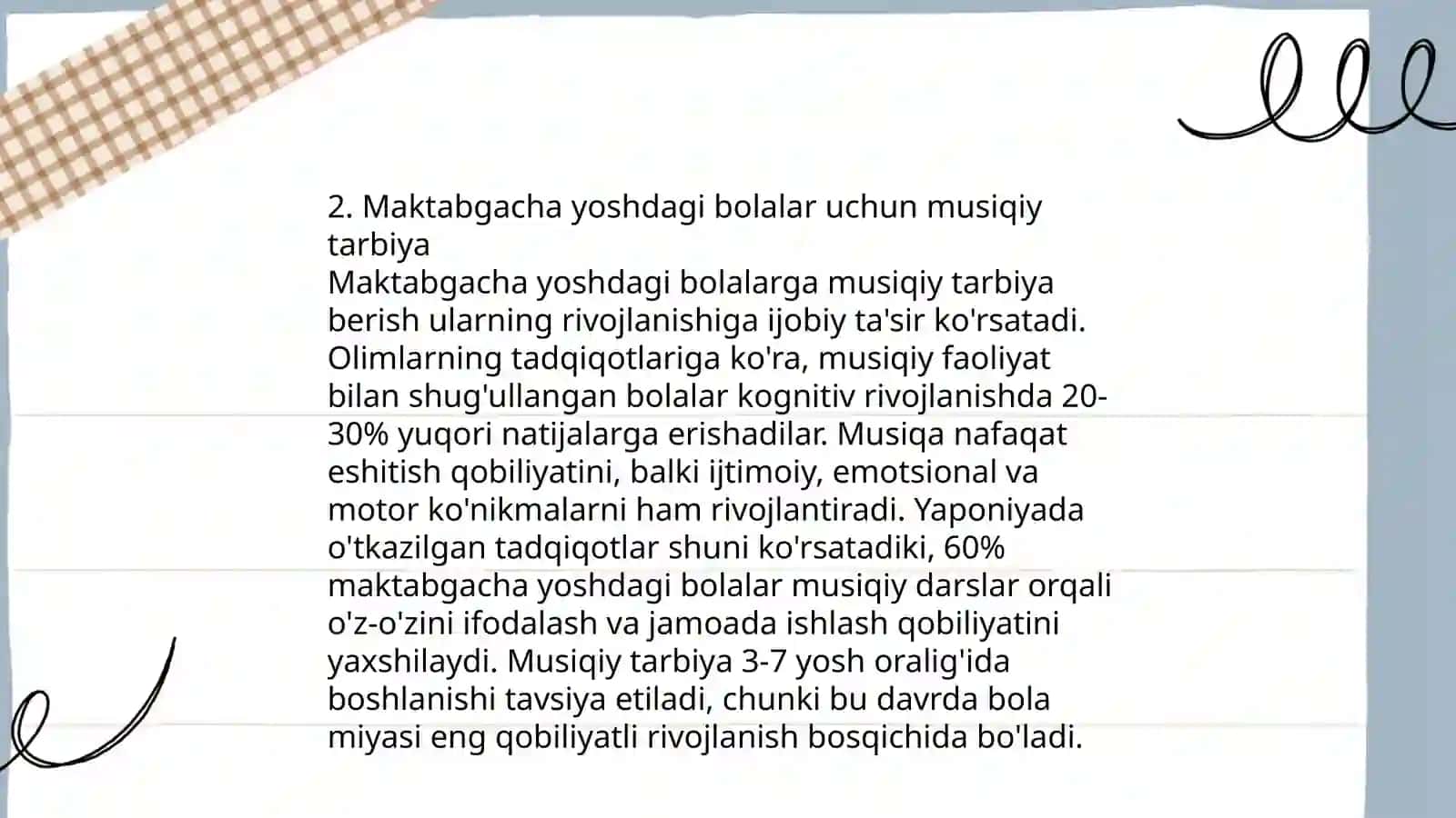 Ilk qadam davlat oʻquv dasturi asosida faoliyat markazlarida maktabgacha yoshdagi bolalarni estetik rivojlantirishni tashkil qilish(Musiqa asboblaridan foydalanishga oʻrgatish) 4
