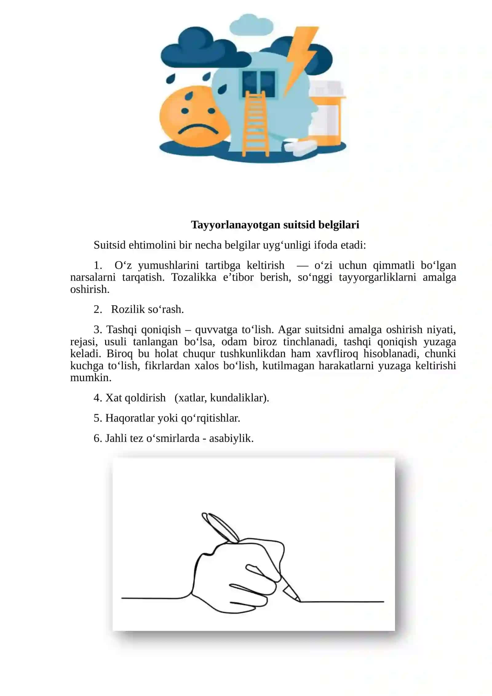 “Bolalar va oʻsmirlar oʻrtasidagi suitsidning yuzaga kelishi” mavzusida ota-onalar uchun o‘tkaziladigan seminar-trening ishlanmasi 4