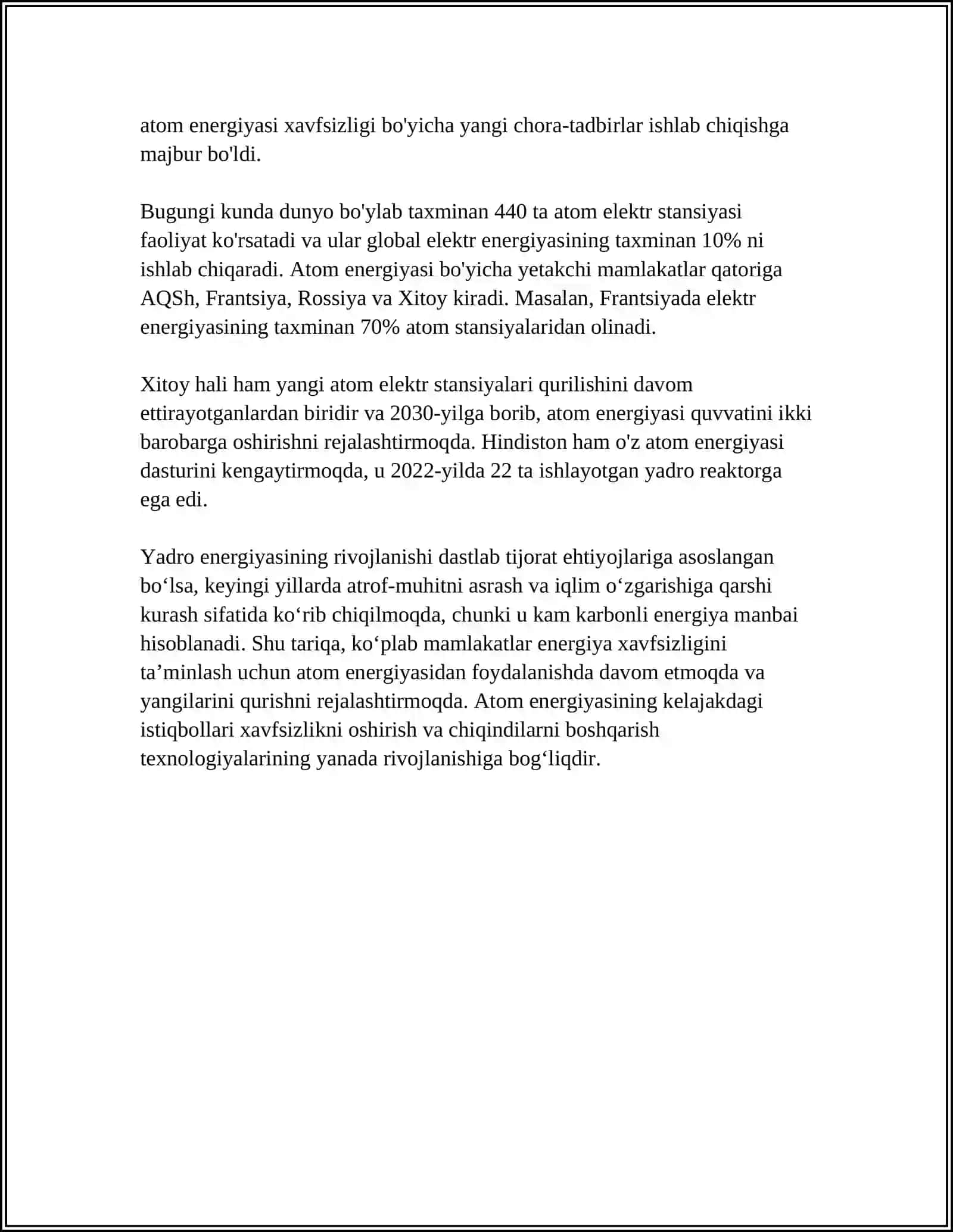 ATOM ENERGIYASI VA ÕZBEKISTONDA QILINADIGAN ISHLAR 4
