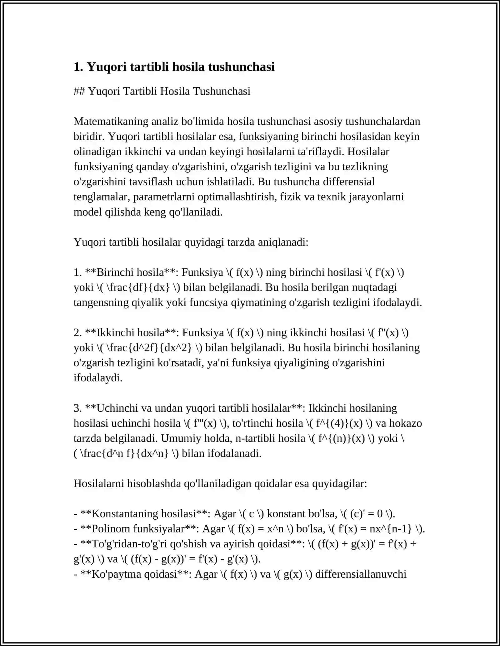YUQORI TARTIBLI HOSILA. OSHKORMAS VA PARAMETRIK FUNKSIYALAR HOSILASINI HISOBLASH. MURAKKAB VA TESKARI FUNKSIYA HOSILASI 4