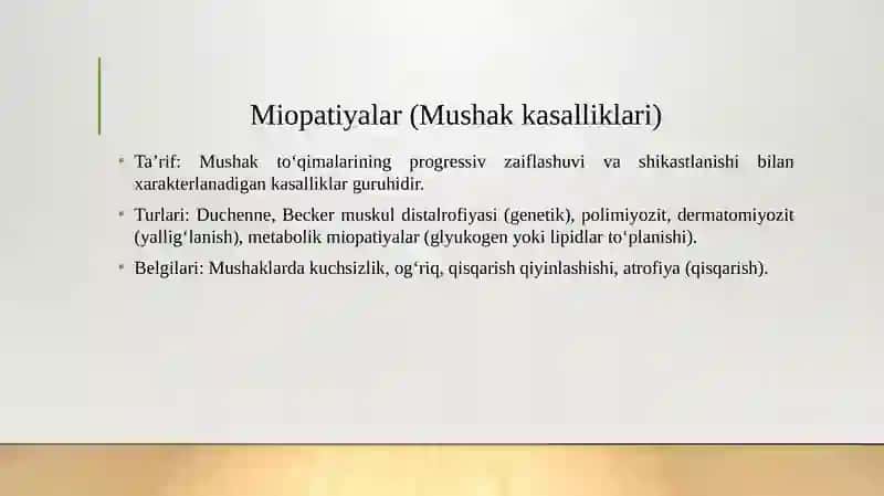 Miopatiyalar. Mushaklar denervatsiyasi.Miokard infarktining erta va kech biokimyoviy tashxisi 4