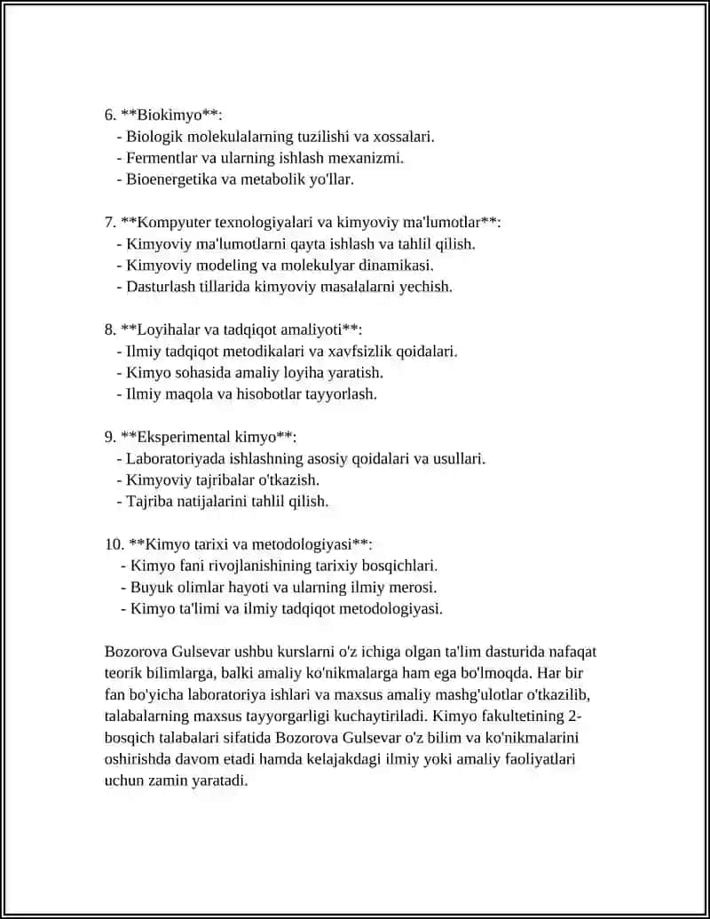 OʻZBEKISTON MILLIY UNIVERSITETI.KIMYO FAKULTETI 2 BOSQICH TALABASI BOZOROVA GULSEVAR 4