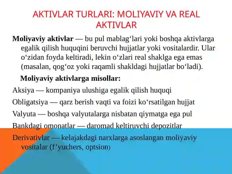 Aktivlar bozori tushunchasi va uning iqtisodiyotdagi o'rni 4