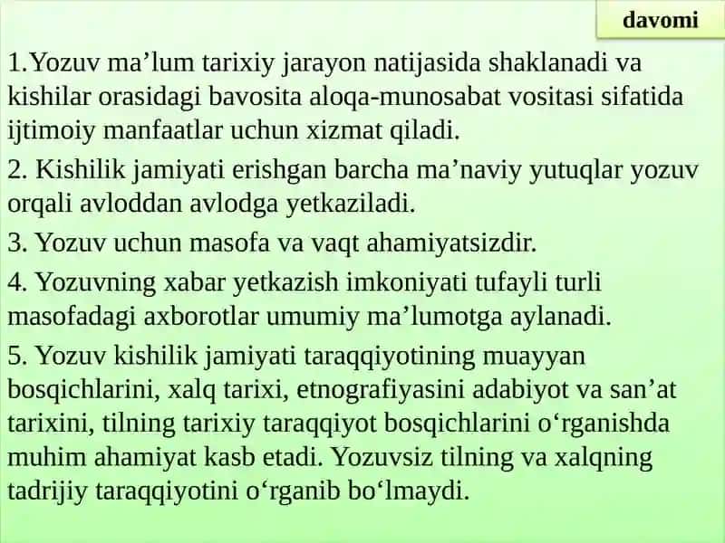 Til va yozuv masalalari. Yozuv haqida umumiy tushuncha. O‘zbek yozuvlari tarixi. O‘zbek yozuvlarining rivojlanish bosqichlari. Grafika. Orfografiya 4