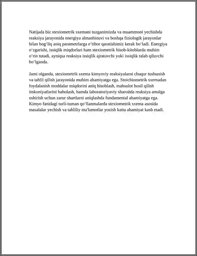 STEXIOMETRIK SXEMA ASOSIDA MASALALAR YECHISH VA TAHLILIY MA'LUMOTLAR YOZISH 4