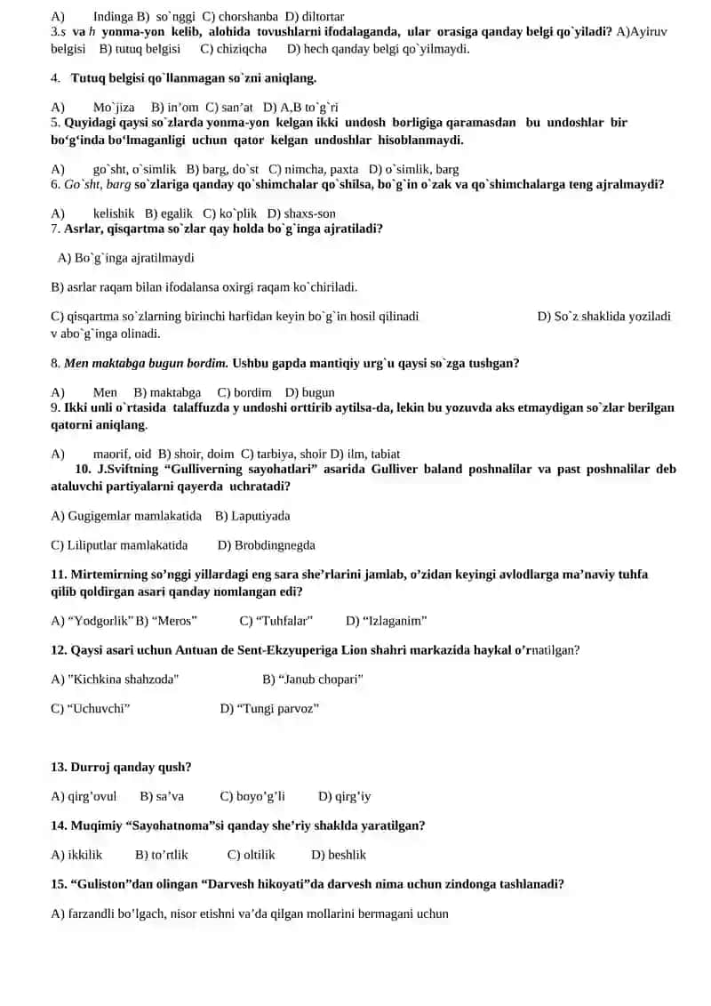 Ona tila va adabiyot 5-sinf I-variant 4