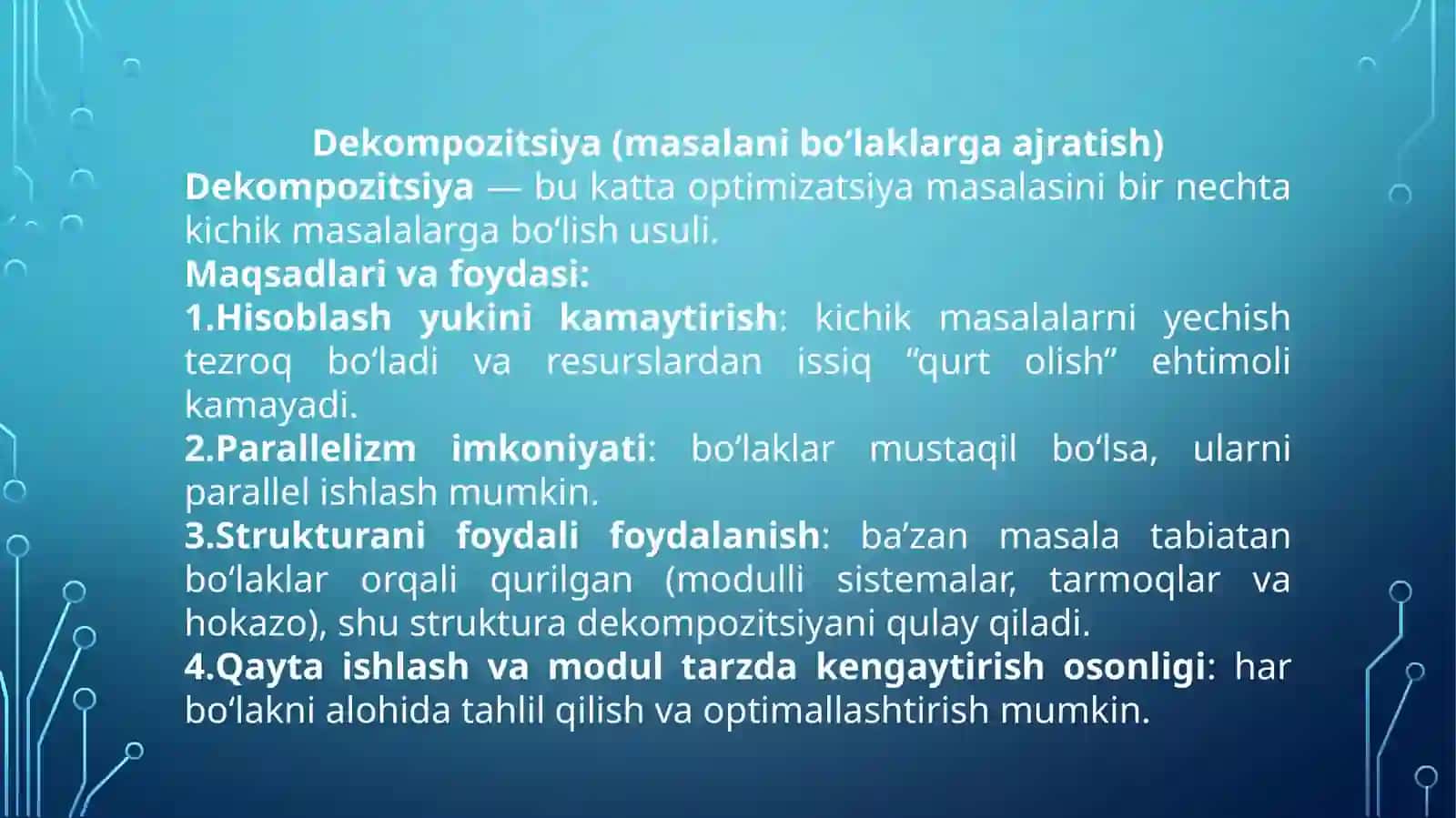 Optimizatsiya masalalarini dekompozitsiyalash va agregirlash 4