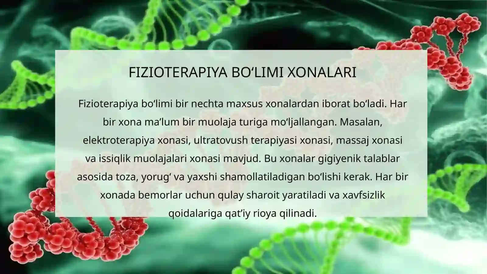 SODDALASHTIRILGAN FIZIOTERAPIYA MUOLAJALARI. FIZIOTERAPIYA BO'LIMIDAGI MUOLAJA XONALARI, ULARNING JIHOZLANISHI, YURITILADIGAN ASOSIY HUJJATLAR BILAN ISHLASH 4