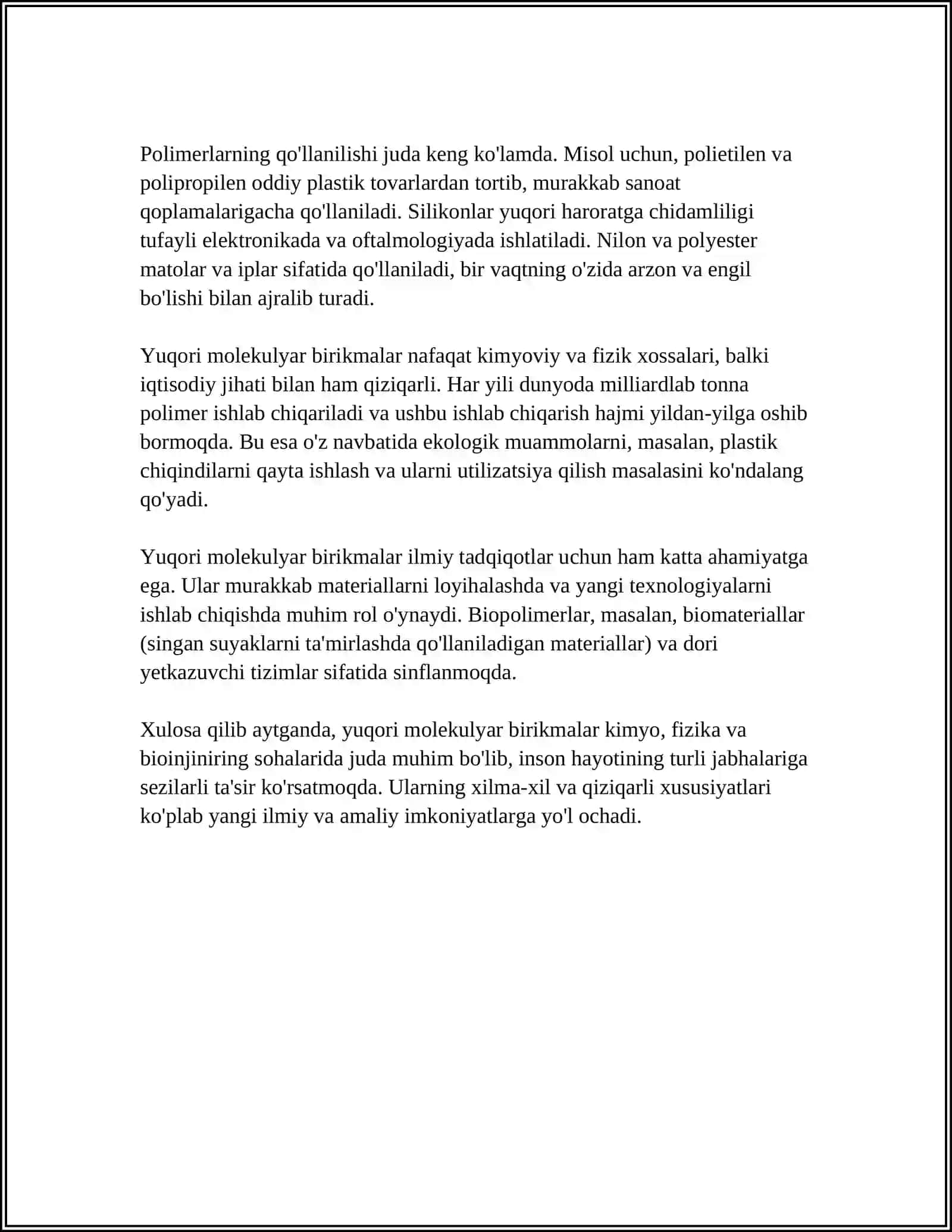 YUQORI MOLEKULYAR BIRIKMALAR POLIMERLAR SOPOLIMERLAR OLIGOMERLAR MONOMERLAR TUSHUNCHASI. BU TUSHUNCHALAR ORASIDAGI BOGʻLIQLIK 4