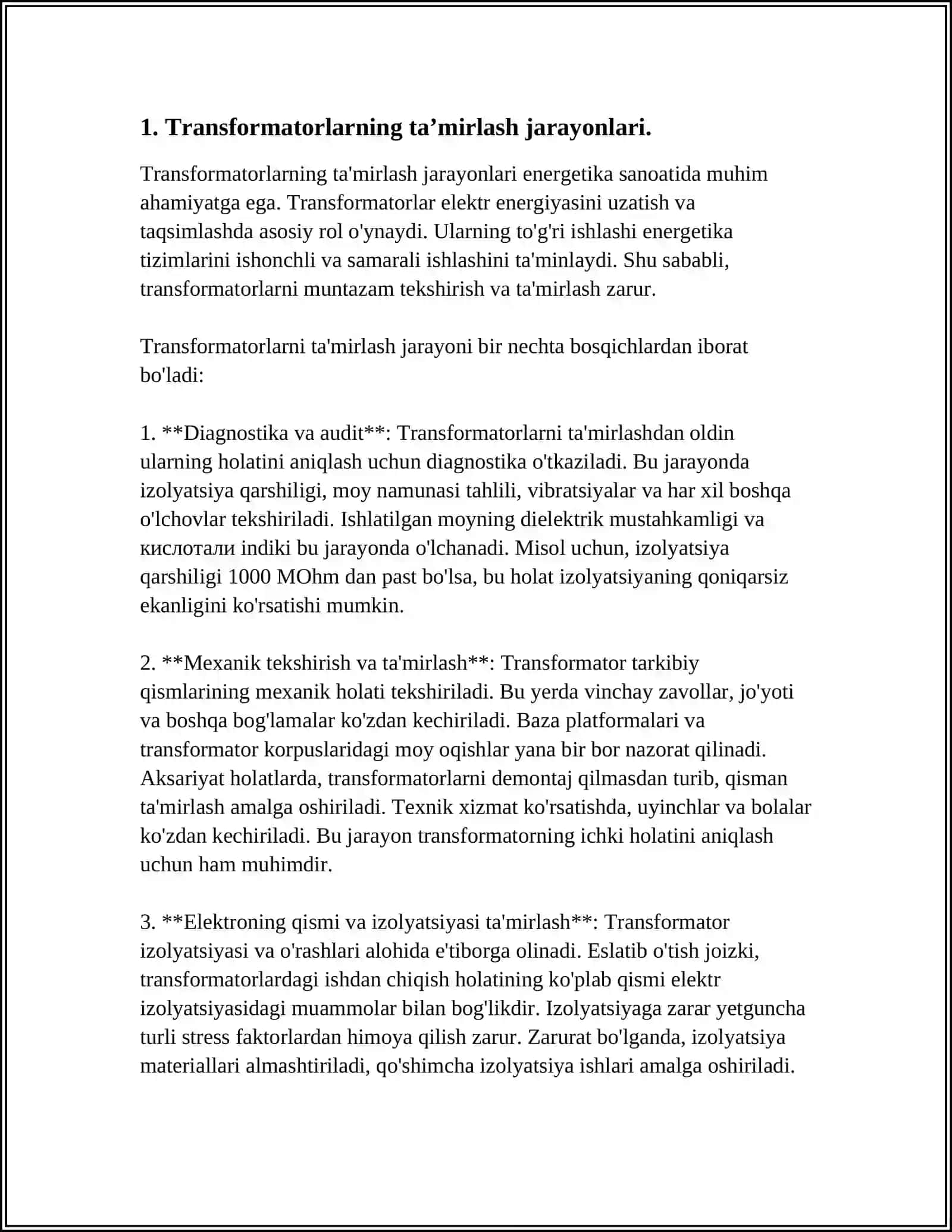 ELEKTROTEXNOLOGIK USKUNALARNI TAʼMIRLASHNI OʻZIGA XOS TOMONLARI 4