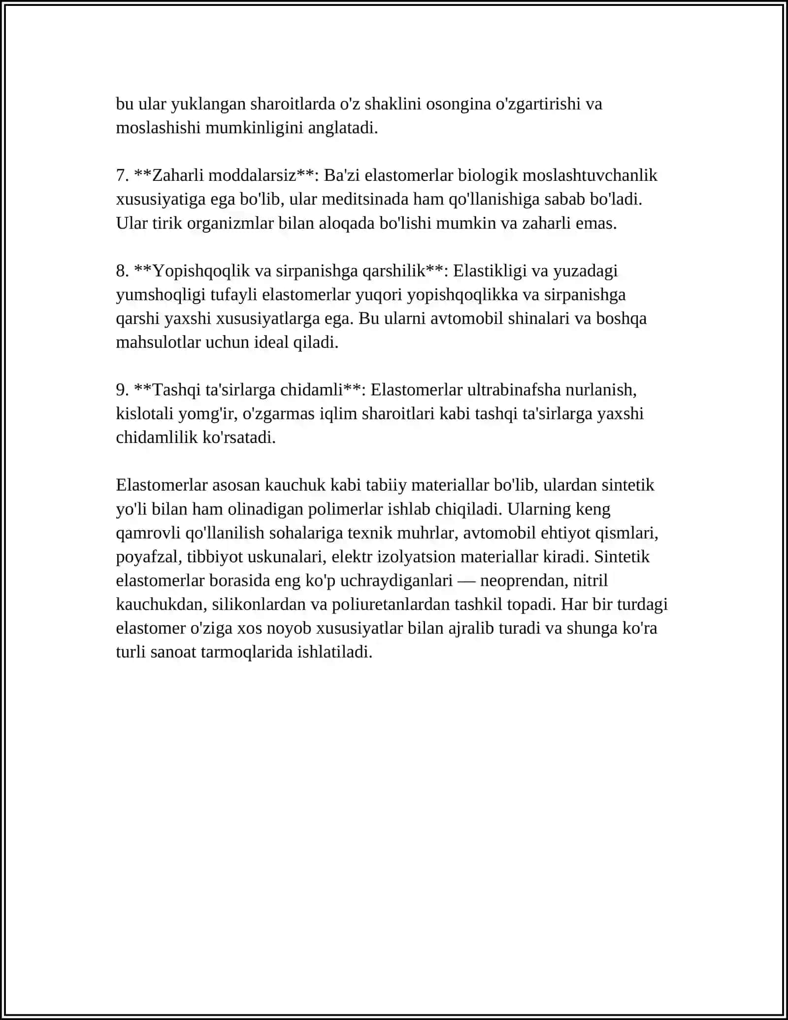 MUSTAQIL ISH Mavzu: ELASTOMERLAR VA YELIMLAR 4