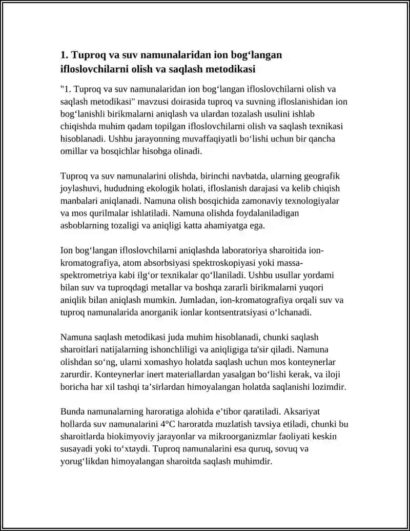 Tuproq va suv namunalaridan ion bog‘langan ifloslovchilarni olish va saqlash metodikasi 4