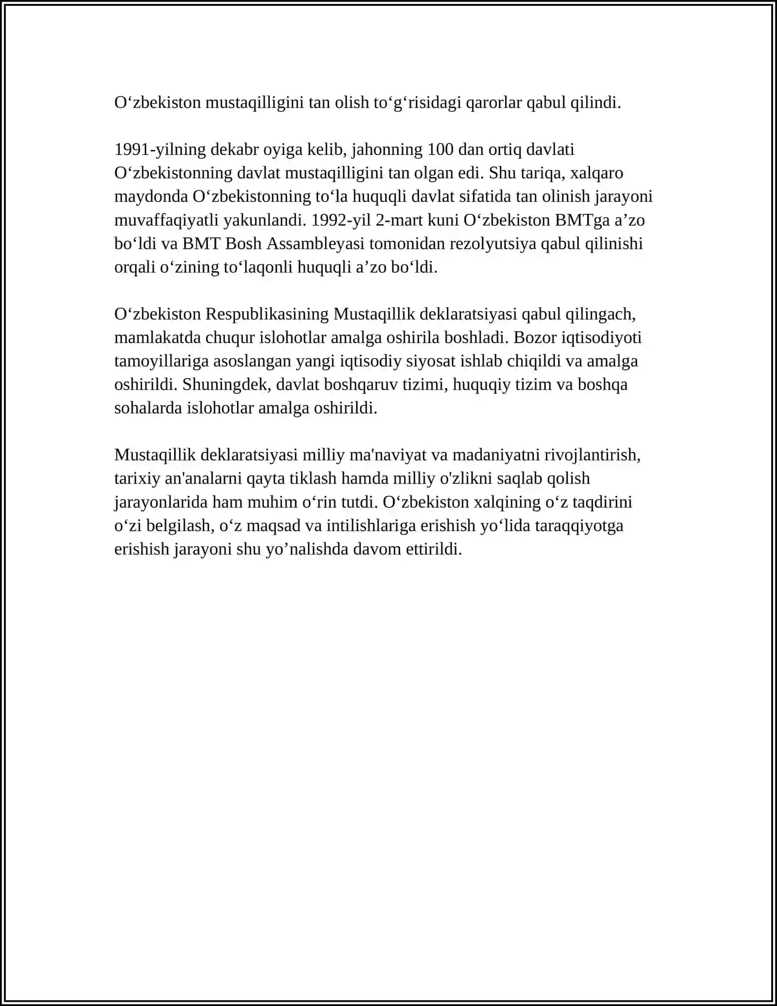 O'ZBEKISTONNING ENG YANGI TARIXIY FANIDAN MUSTAQIL TA'LIM MAVZULARI 4