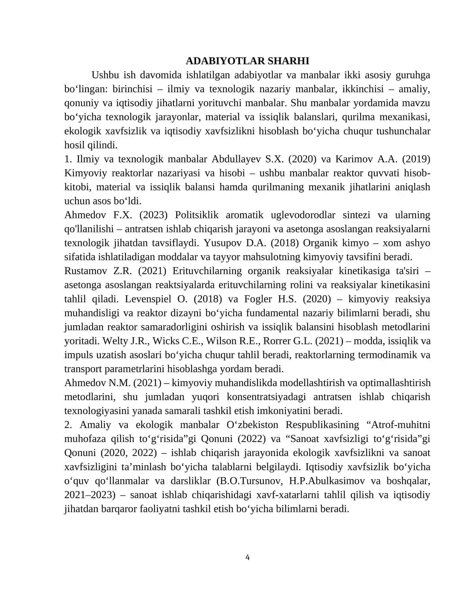 KURS LOYIHA ISHI MAVZU: ASETON ISHTIROKIDA YUQORI  KONSENTRATSIYALI ANTRATSEN ISHLAB CHIQARISH  TEXNOLOGIYASIDAGI REAKTORNI HISOBLASH QUVVATI  2347000 TY 4