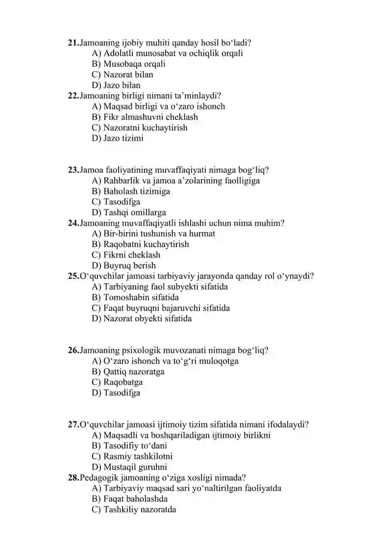 Jamoa tushunchasi. Oʻquvchilar jamoasini shakllantirishning ahamiyati mavzusida test 4