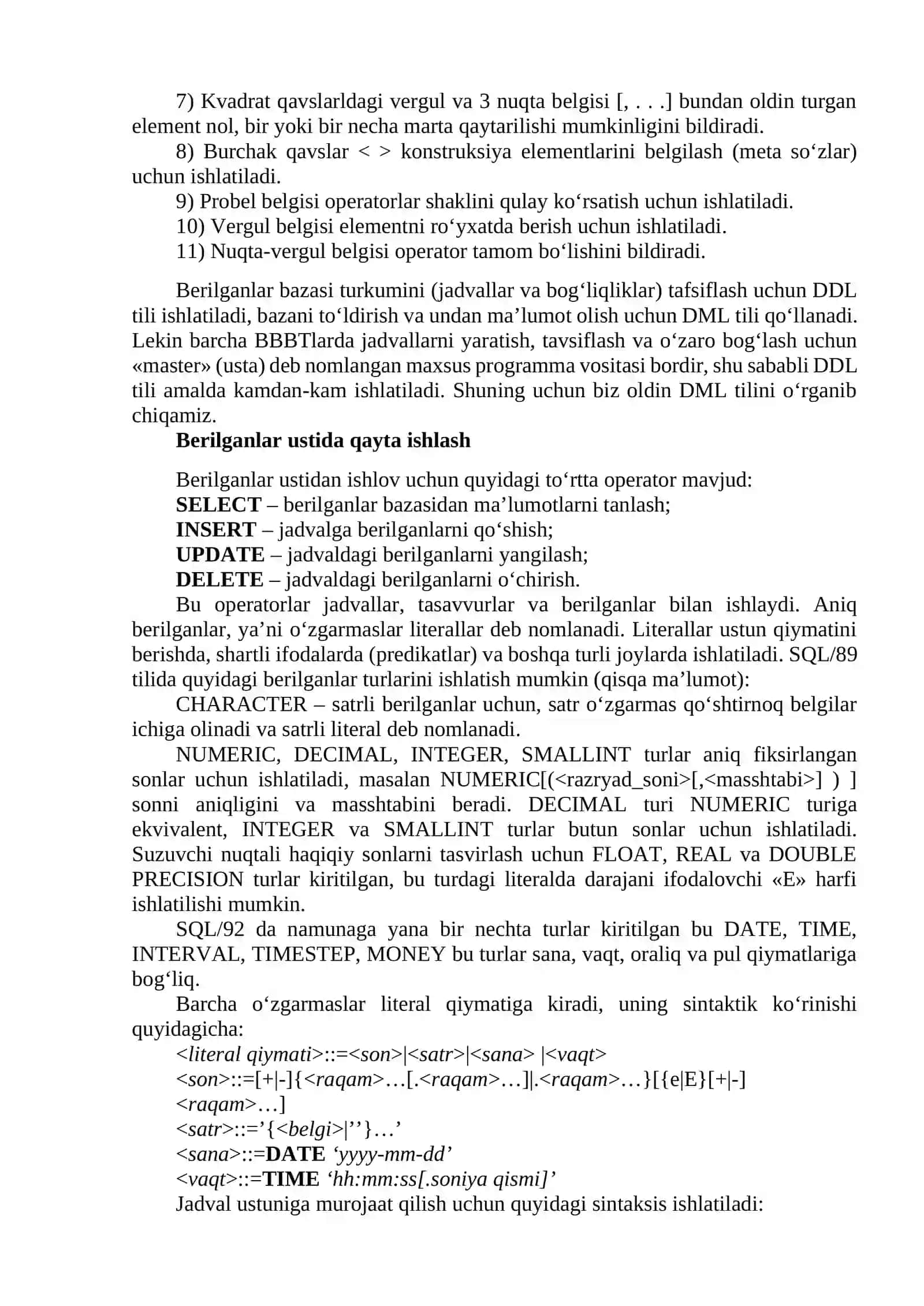 SQL SO`ROVLAR TILI. MS SQL SERVER DASTURI 4