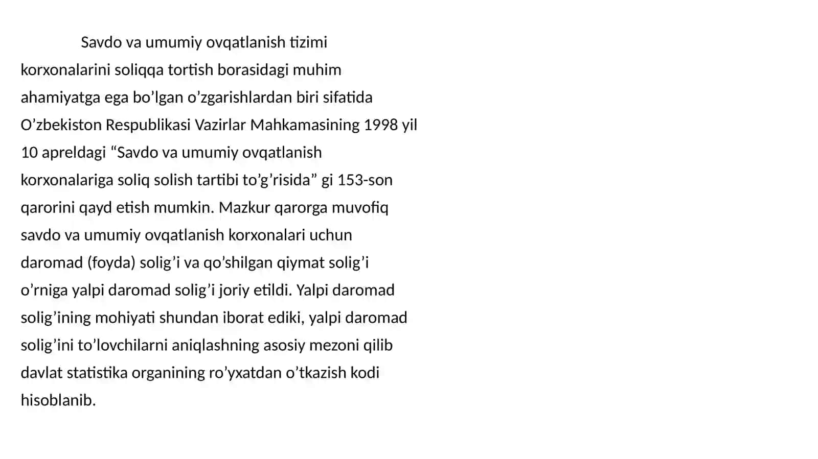 Savdova umumiy ovqatlanish korxonalarini soliqqa tortish 4
