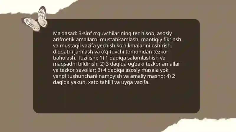 Matematikadan toʻgarak,oʻn minutliklar, konkurs bellashuvlar,va mashgʻulotlarni tayyorlash va oʻtkazish metodikasi(3-sinf misolida) 4
