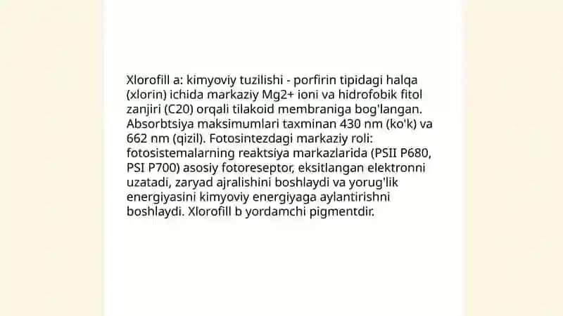 Plastida pigmentlari va ularning fotosintezdagi o'rni 4