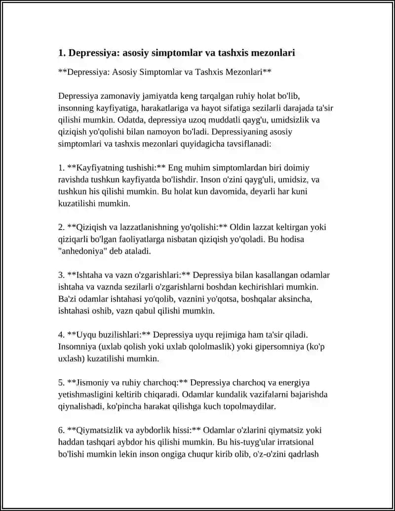 MUSTAQIL ISH: BEMORLARNI RUHIY HOLATI "DEPRISSIYA SHOK QÒRQUV CHOʻCHISH, IPOXONDRIYA, OʻZINI AYBDOR HIS QILISH" SUITSIDAL FIKRLASH 4