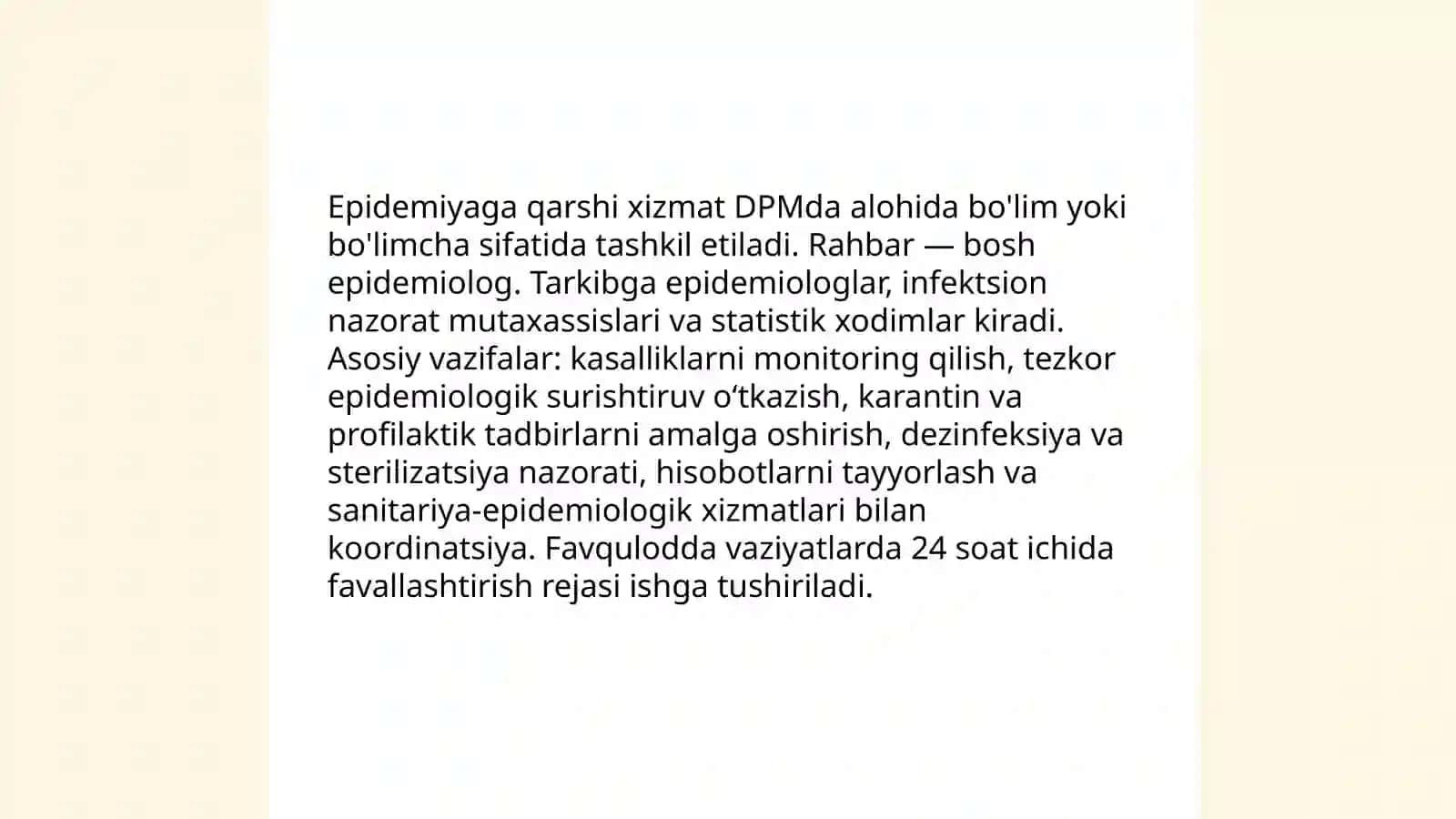 Davolash profilaktik muassasalari (DPM) va Sanitariya-epidemiologik muassasalarida epidemiyaga qarshi ishlarni tashkillashtirish xususiyatlari 4