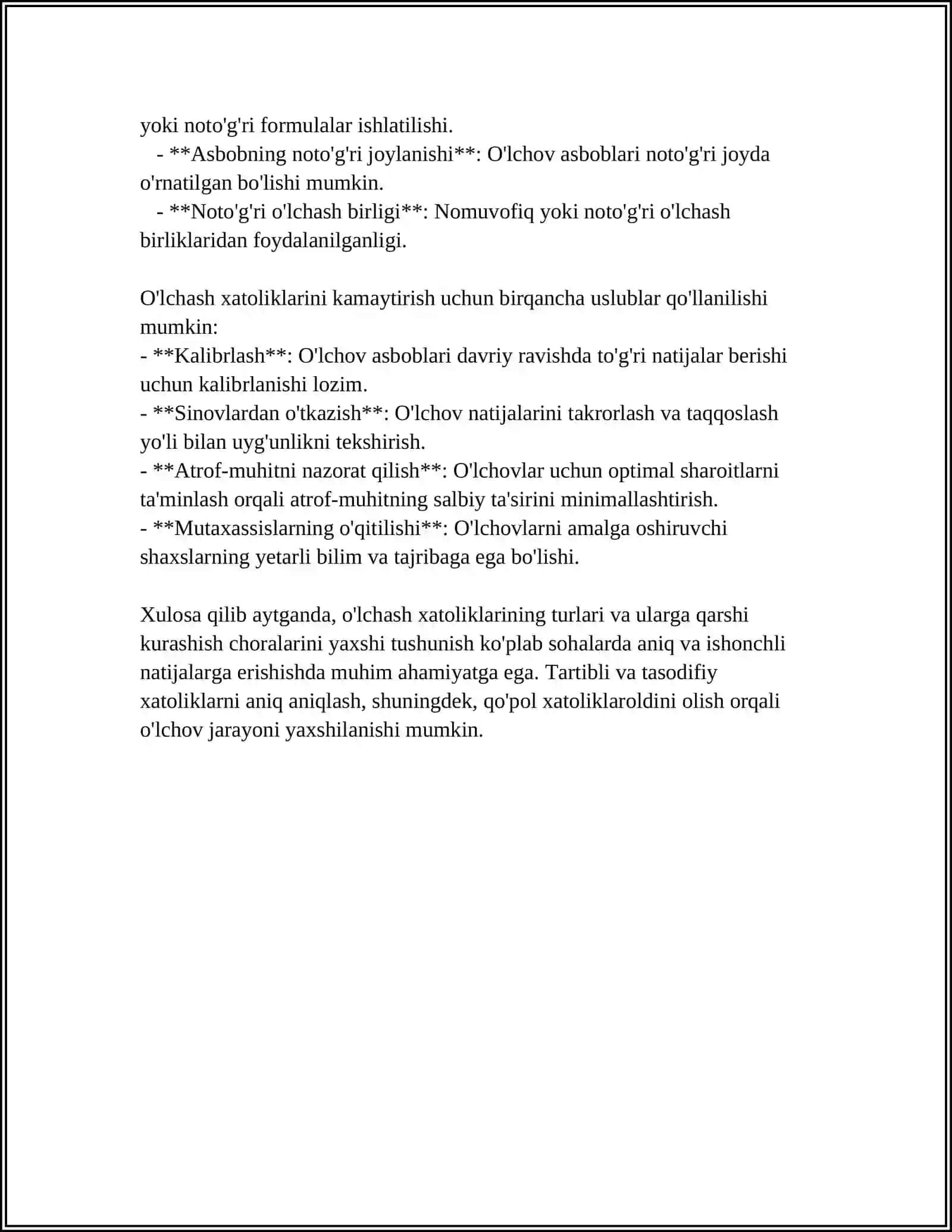 OʻLCHASH XATOLIKLARINI TABAQALASH 4