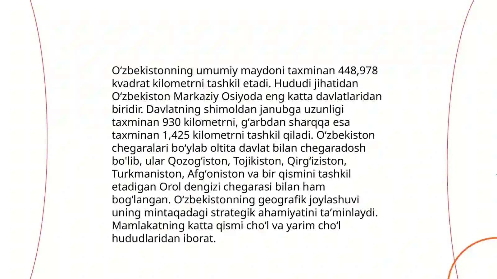 O'zbekistonning Geografik o'rni, Maydoni, chegaralari 4