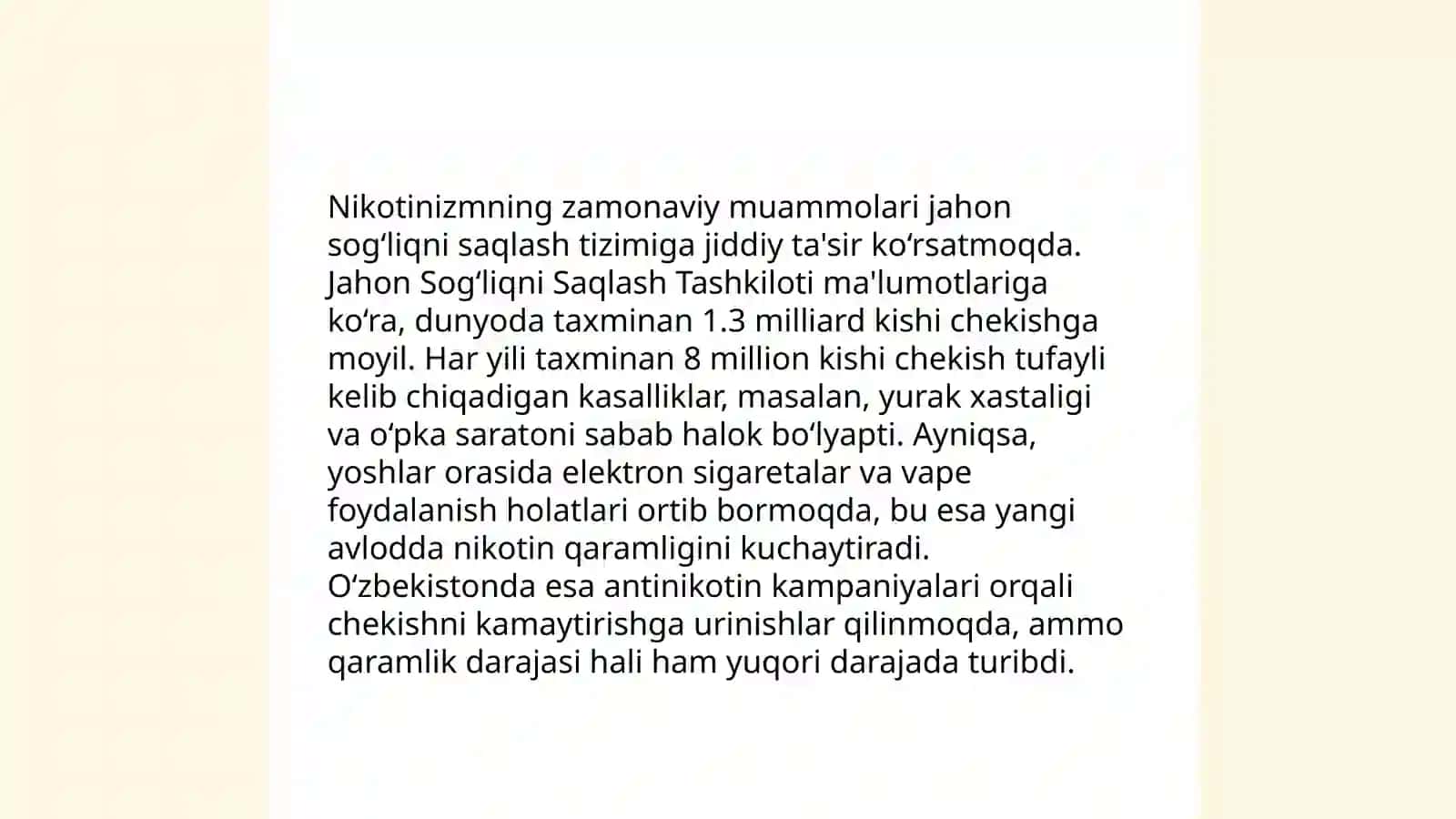 Dori vositalaring Davlat reestri. Nikotinizm va uning asoratlari. Nikotinizmning o'smirlar va ayollar organizmiga ta'siri 4