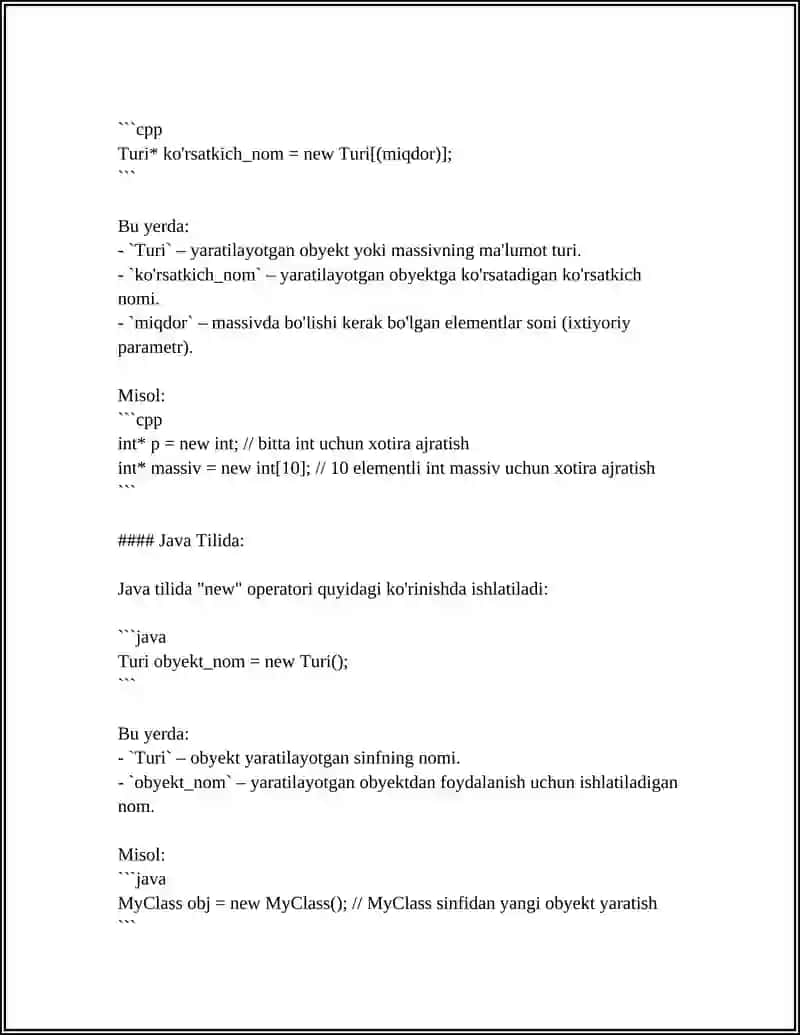 C++ DASTURLASH TILI NEW OPERTORINI VAZIFASI 4